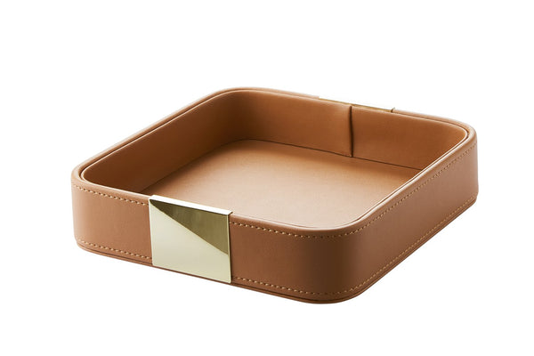 quadratische Schale braun aus Kunstleder mit goldener Metallverzierung