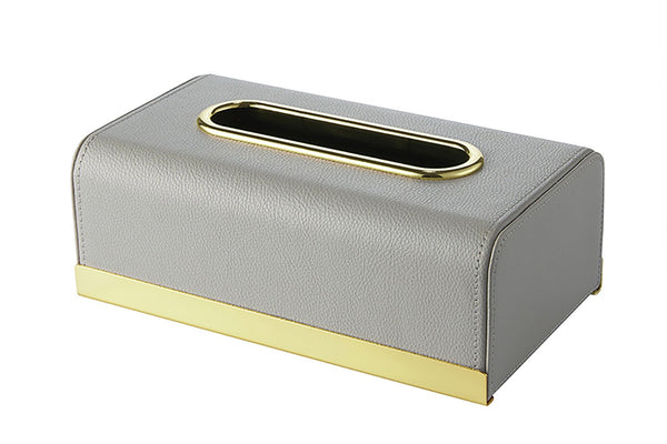 graue Kosmetiktuchbox aus Kunstleder mit goldenem Metallrahmen