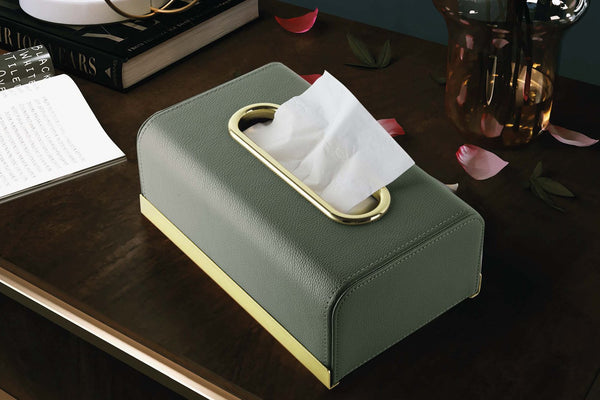 obere Ansicht der gefüllten grünen Kosmetiktuchbox neben anderen Gegenständen