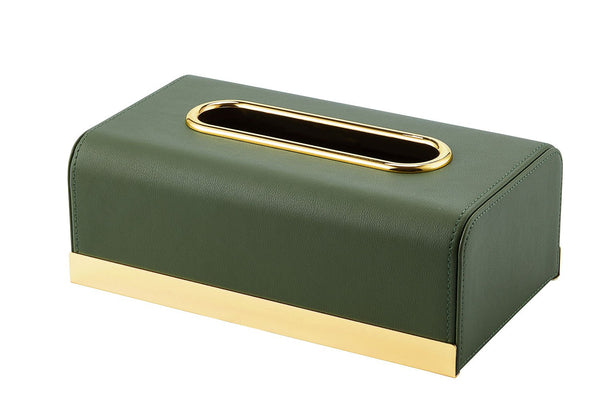 Kosmetiktuchbox aus grünem Kunstleder mit goldenem Metallrahmen